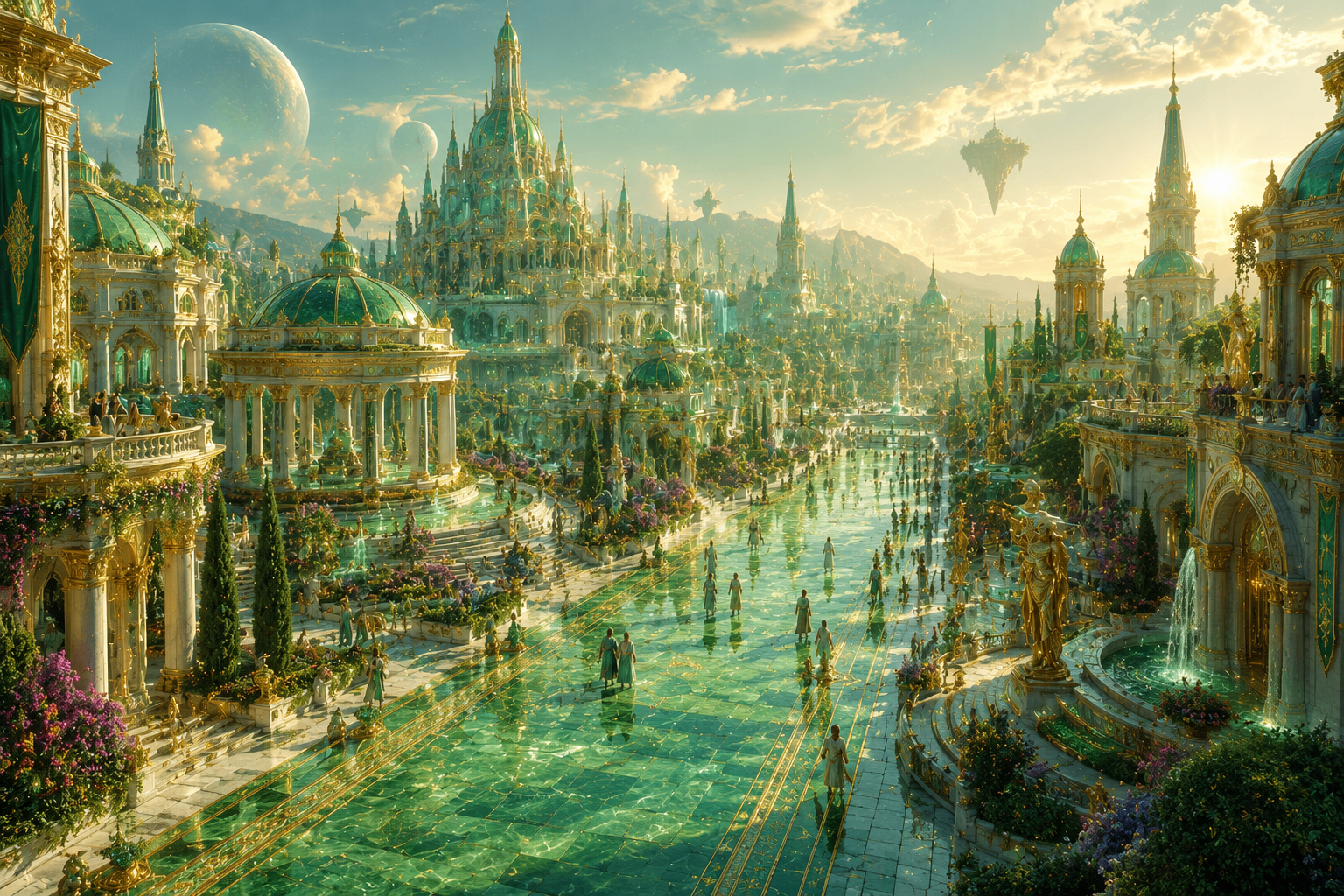 The crystal cities of Caelum seen from a dragon's back